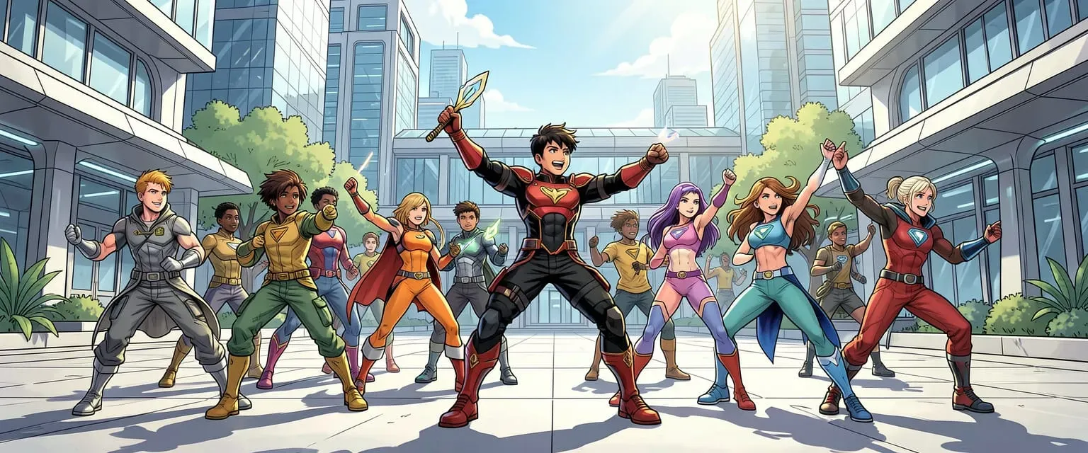 Group of young heroes with unique powers training in a futuristic courtyard, bright daylight, diverse character designs, dynamic poses, comic book style, ultra detailed, hopeful energetic mood, wide establishing shot, sharp focus, 4k