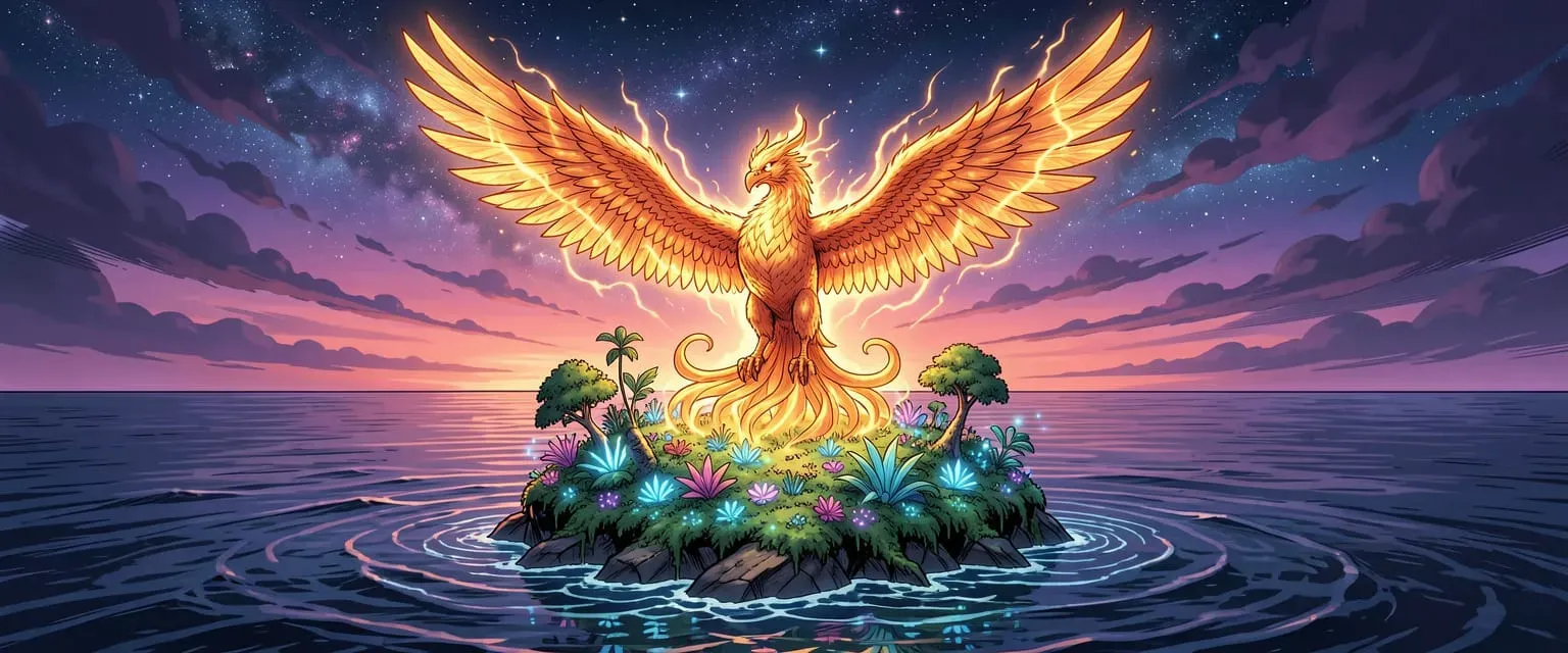 Cosmic energy phoenix rising over a lush living island surrounded by ocean, dramatic twilight sky, bioluminescent flora, comic book style, ultra detailed, ethereal lighting, wide shot, mood of rebirth and power, cinematic render, 4k