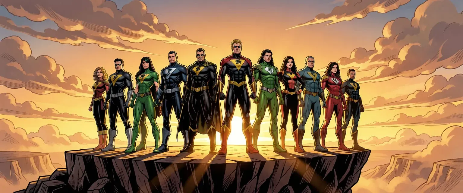 Group of superpowered heroes standing on a cliff edge at sunset, diverse costumes with individual silhouettes, cinematic lighting, golden hour glow, dramatic cloudscape background, comic book style, ultra detailed, heroic mood, wide establishing shot, 4k, sharp focus